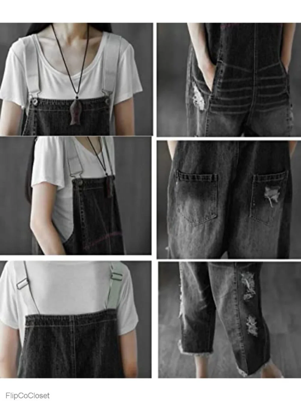 Women's Distressed Ripped Fringed Denim Overalls Cropped Loose Fit Jumpsuit